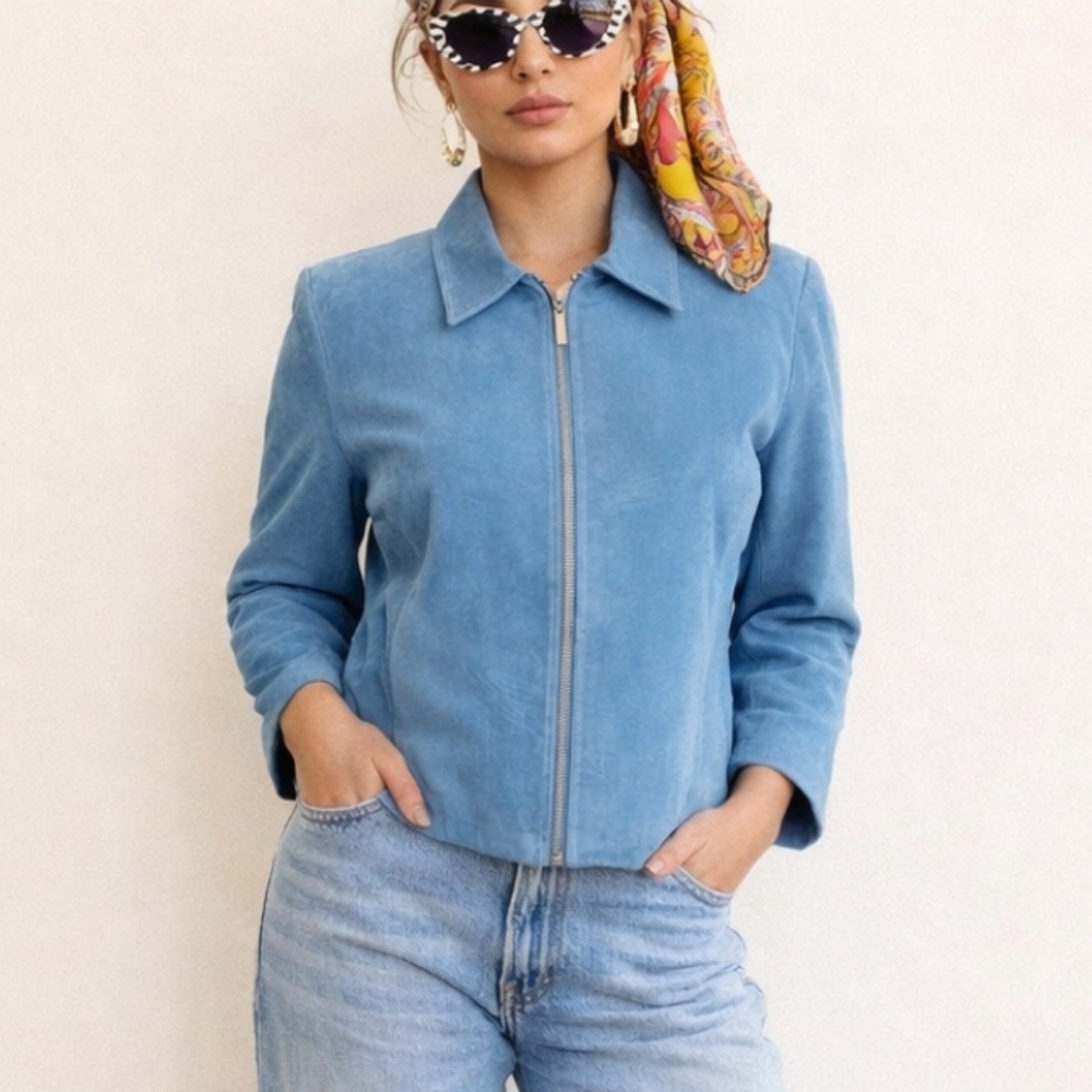 Vtg Suede Blue Blazer Leather Turquoise Blue Zip Front Boxy Jacket  Sz 8